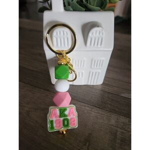 AKA 1908 Beaded Keychain – Pink & Green Sorority Gift